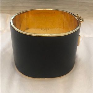 Céline Black Leather Gold Tone Wide Cuff Bracelet